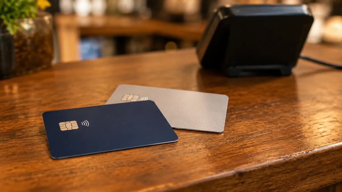 Deux cartes bancaires sans logo posées sur un comptoir en bois, devant un terminal de paiement