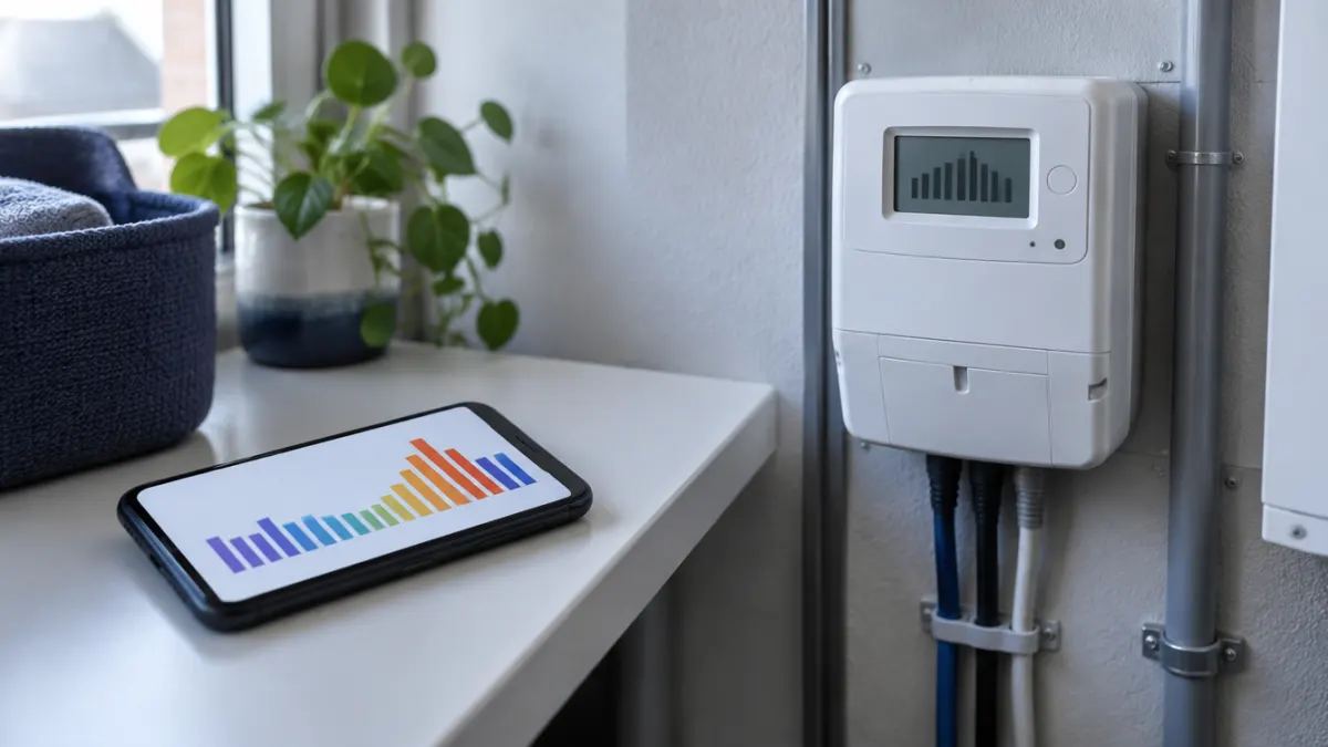 Smartphone affichant un graphique en barres des prix de l'électricité, posé près d'un compteur électrique digital dans une buanderie