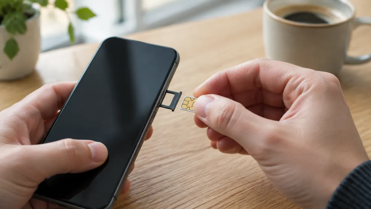 Handen die een simkaart in een smartphone schuiven, op een houten tafel