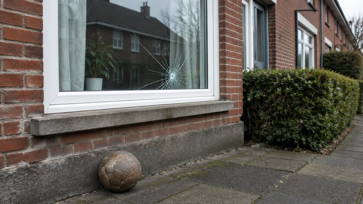 Kindervoetbal aan de voet van een gebarsten raam van een Belgisch bakstenen huis